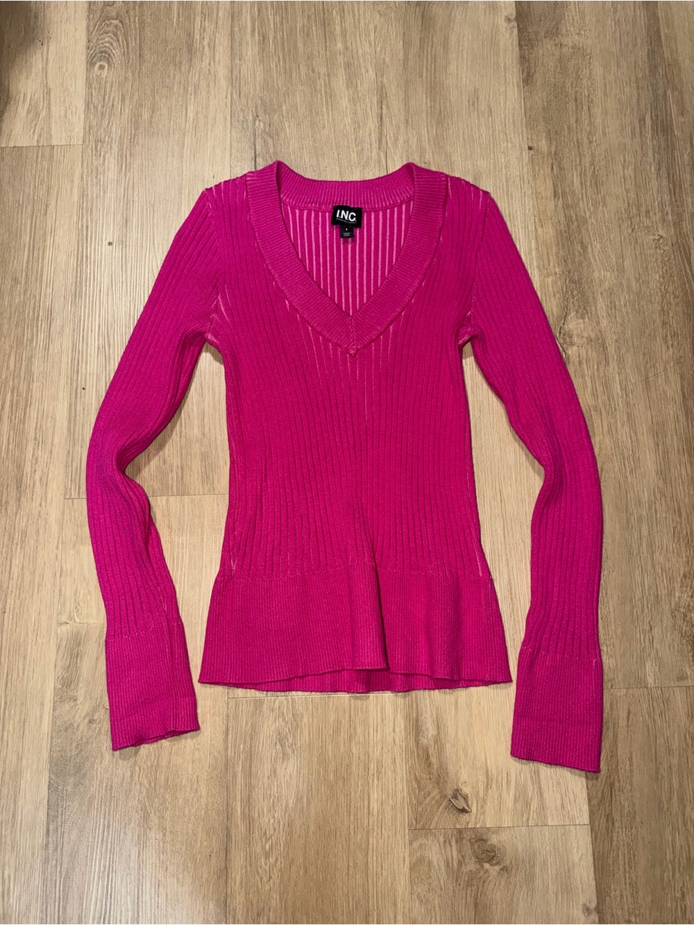 INC International Concepts Fuchsia Ribbed V-Neck Peplum Sweater